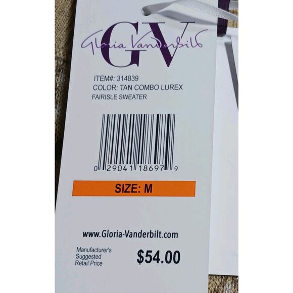 NWT Gloria Vanderbilt Fair Isle Sweater Womens Medium Tan Lurex Gold Thread - Picture 10 of 13